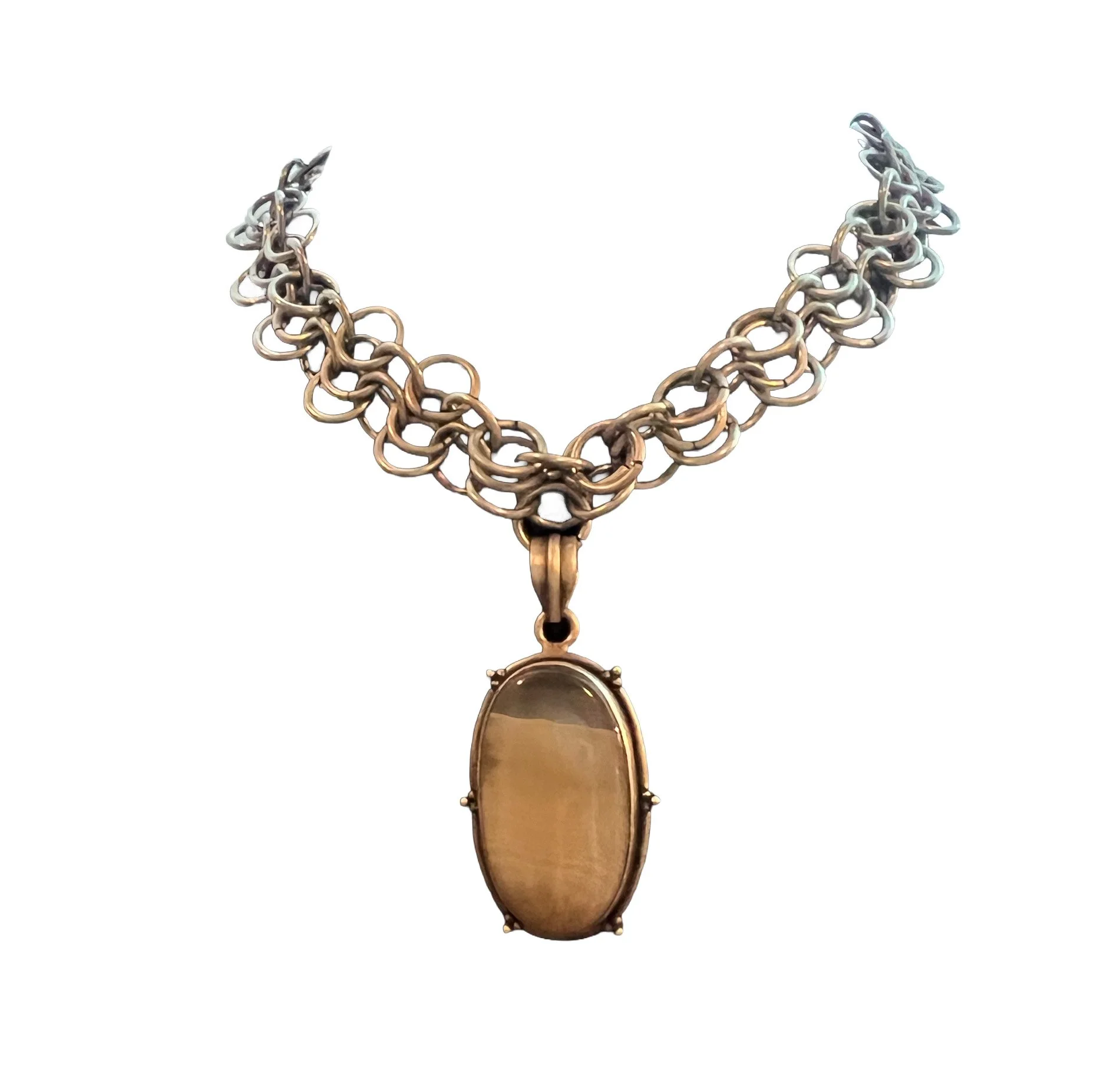 Chainmaille necklace. Aluminum jumprings. White Agate. 2024.