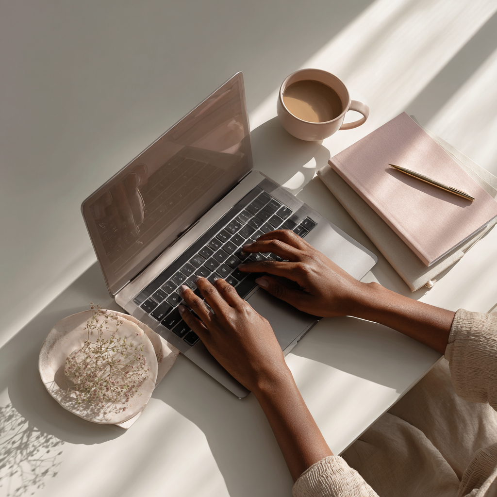Person working on laptop with a coffee mug, notebooks with a pen, a plate with a flower, and sunlight casting shadows on the desk.