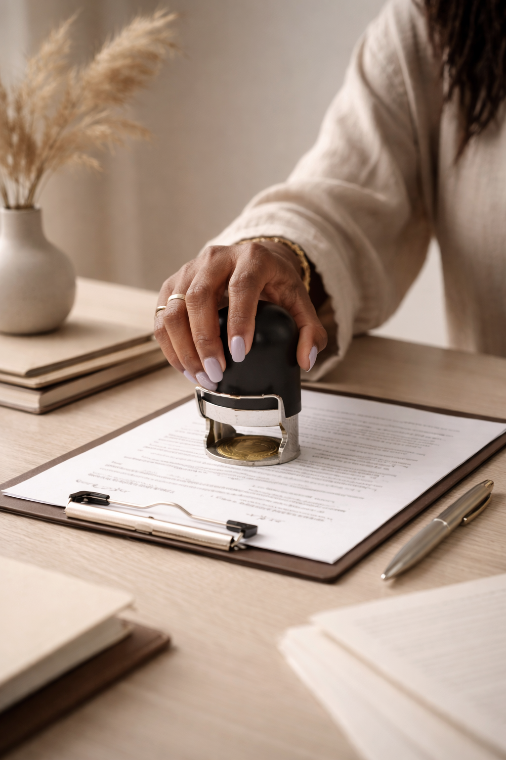 A person stamping a document on a desk with a gold seal stamp, a pen, and notebooks, with a vase of dried flowers in the background.