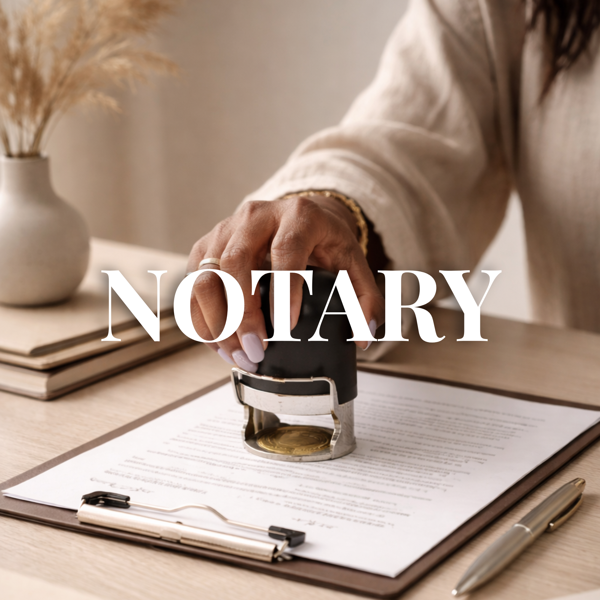 A desk with a stack of notebooks and a clipboard, a fountain pen, a bowl with a gold trim, and a sheet of paper with handwritten notes. A person's hand with a ring is reaching for an item on the desk.