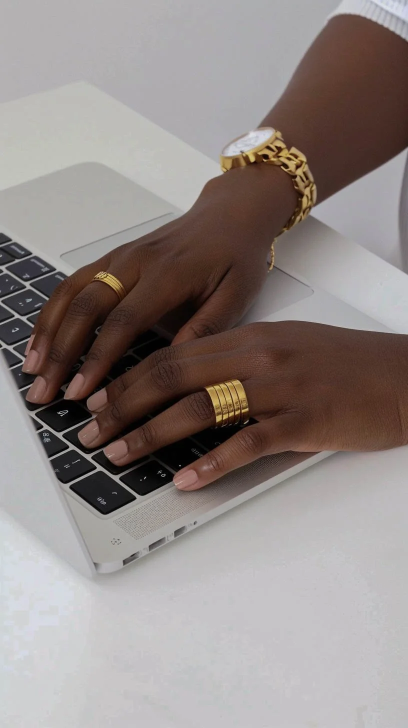 Close-up of a person's hands with gold rings and a gold watch, typing on a silver laptop keyboard on a white desk.