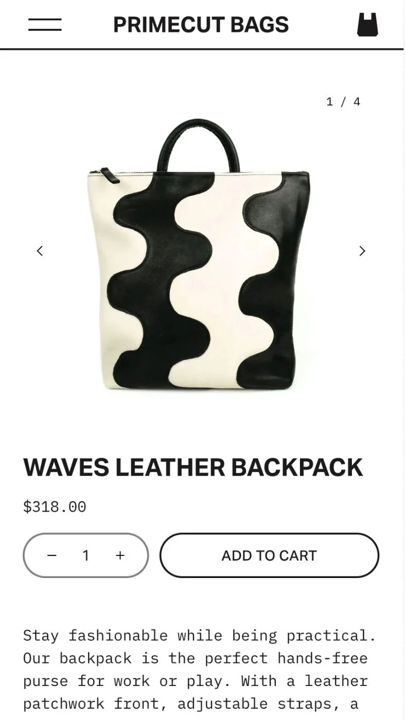 Product page displaying a black and white Waves leather backpack with a wavy pattern, priced at $318.00, with options to adjust quantity and add to cart.