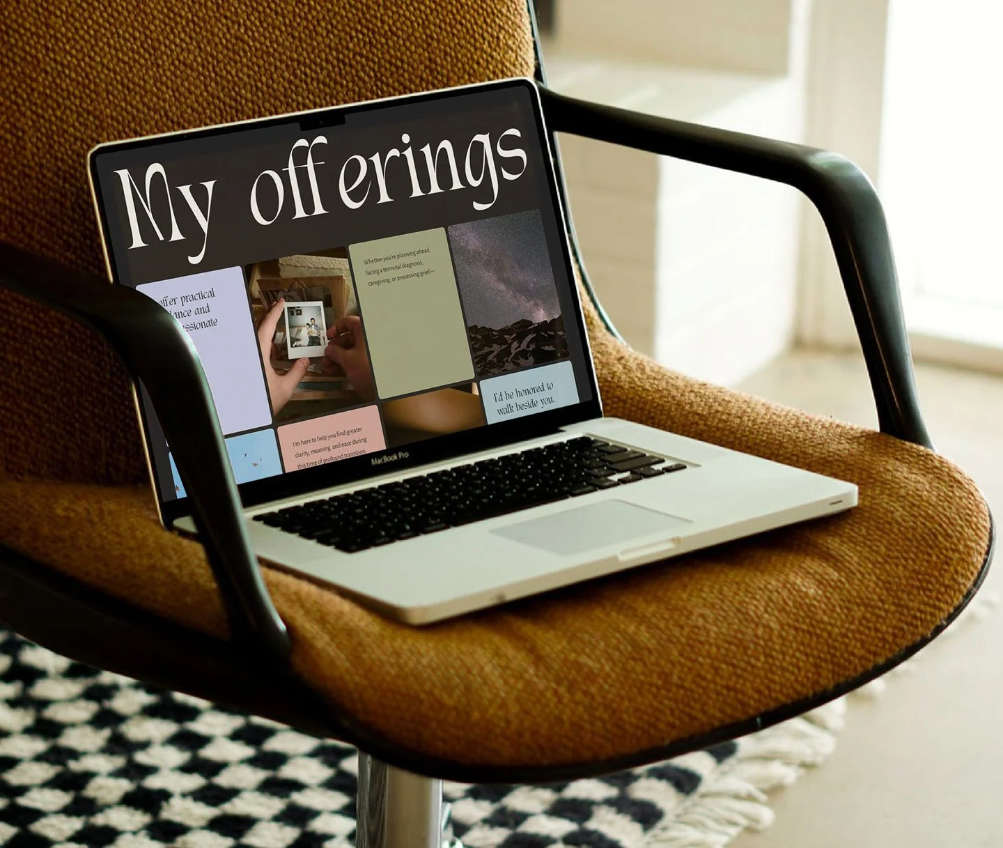 Laptop on a mustard-colored chair with a web page titled 'My offerings' visible on the screen.
