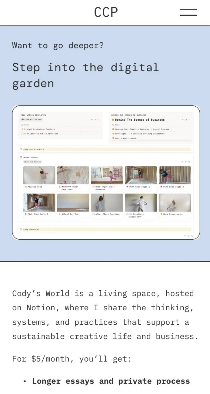Screenshot of a website titled 'Cody's World,' promoting a digital space hosted on Notion for sharing ideas and practices for a sustainable creative life and business, with a section showing dance videos and experiments.
