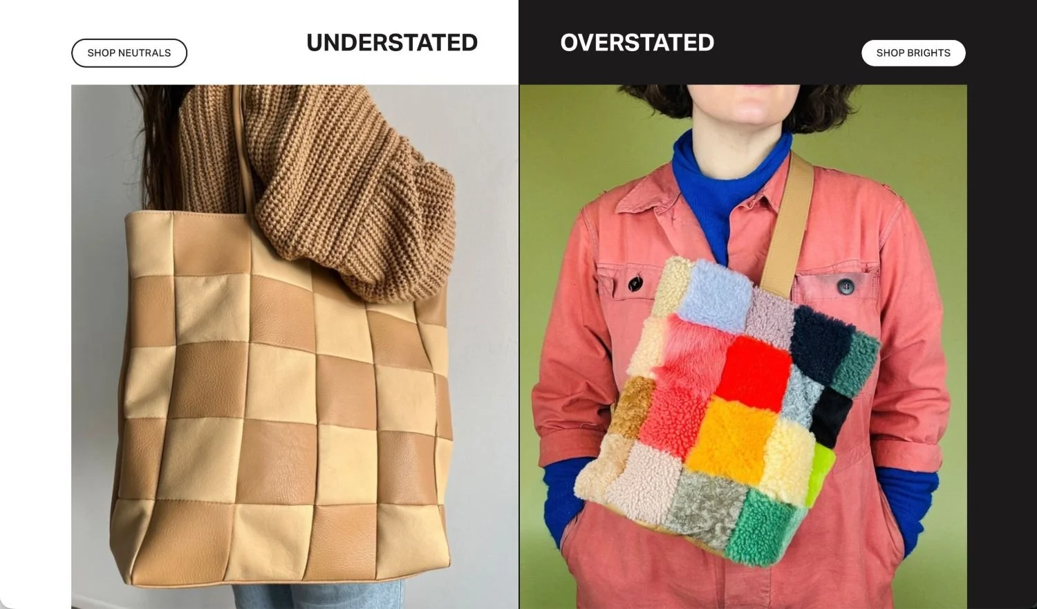 Comparison of two women holding bags, one with a neutral beige patchwork leather tote and the other with a bright, multicolored, textured patchwork bag, emphasizing understated versus overstated fashion styles.