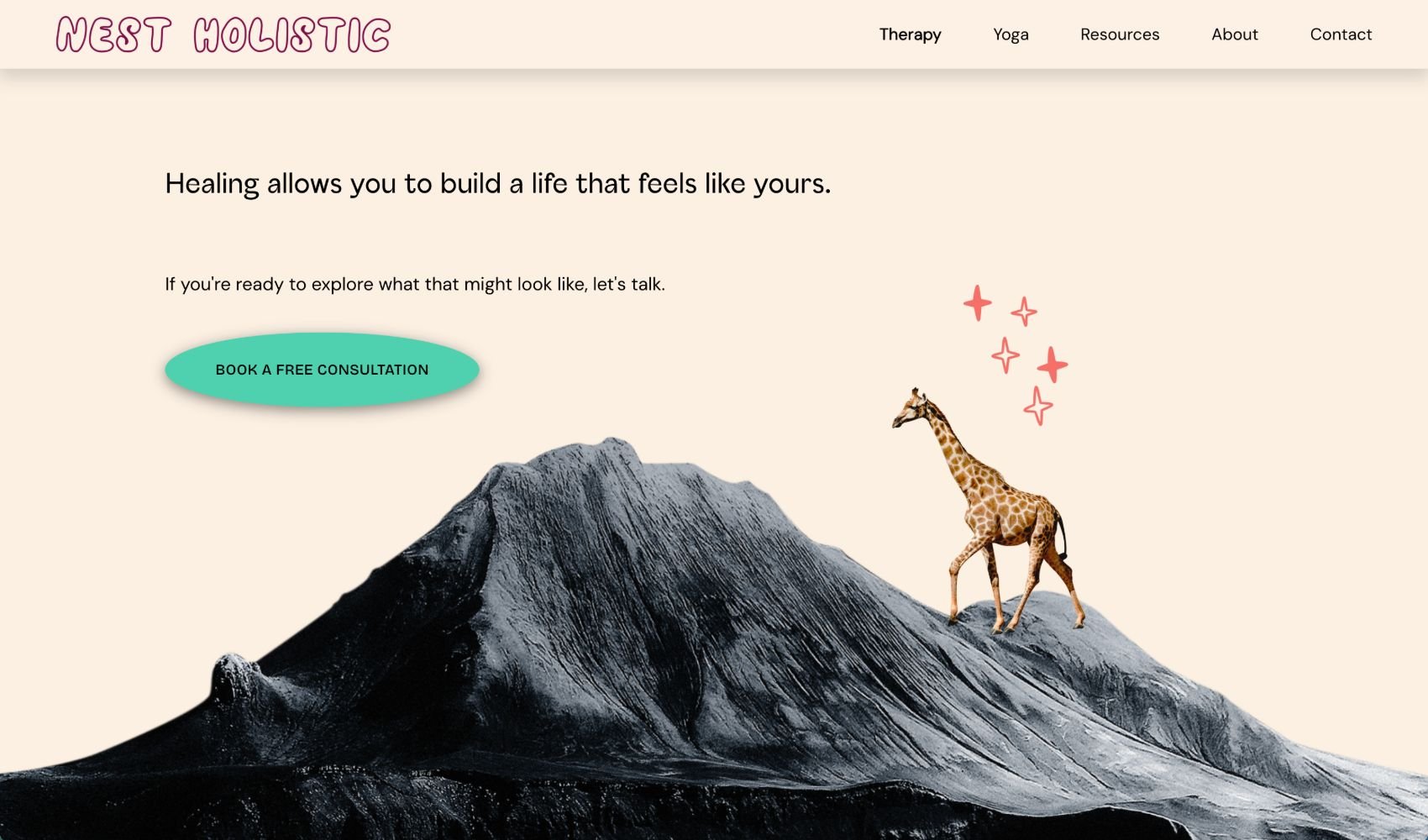 Website homepage for West Holistic featuring a mountain, a giraffe, pink stars, and navigation menu with therapy, yoga, resources, about, contact, and a call-to-action button to book a free consultation.