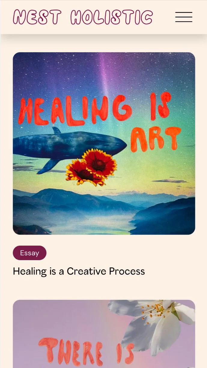 A website page titled "West Holistic" with an image of a whale flying over mountains against a starry sky, with the words "Healing is Art" in bold red letters. There is also a sunflower near the whale.
