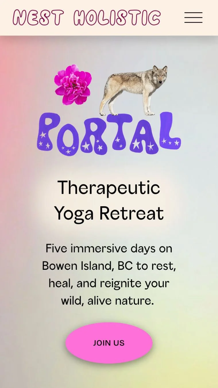 The image shows a promotional flyer for a therapeutic yoga retreat called 'Nest Holistic' on Bowen Island, BC. It features a pink flower, a wolf, and stylized purple text spelling 'BOREAL'. The flyer mentions five immersive days for rest, healing, and reconnecting with nature, with a pink 'Join Us' button at the bottom.