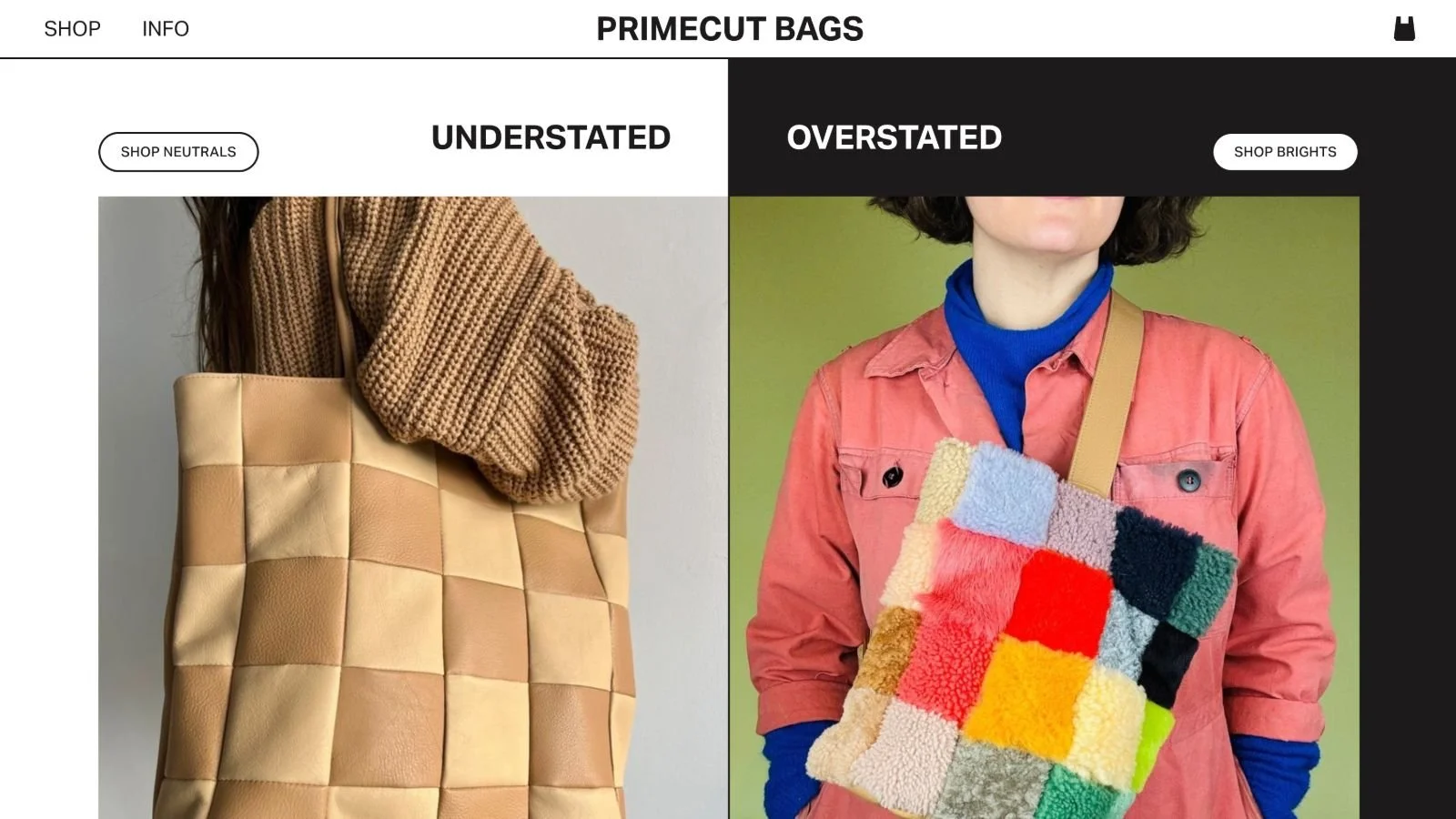 Side-by-side comparison of two fashion handbags. The left features a neutral-colored patchwork leather tote, and the right shows a colorful fuzzy patchwork bag held by a woman wearing a coral jacket and a blue turtleneck.