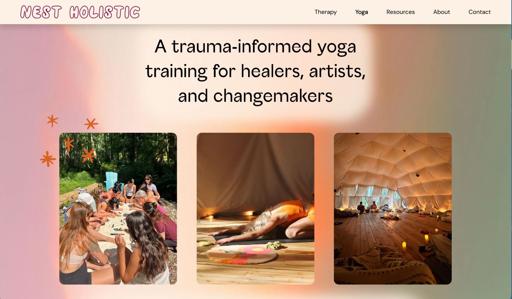 Website homepage for West Holistic featuring images of yoga and meditation, with menu options including Therapy, Yoga, Resources, About, and Contact. The main text states: 'A trauma-informed yoga training for healers, artists, and changemakers'.