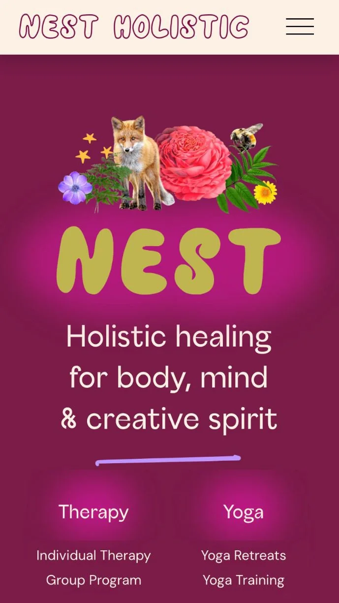 A mobile webpage screen for West Holistic, featuring a purple background with a logo at the top that reads 'West Holistic' and images of a fox, a large pink flower, a bee, and various smaller flowers. The text below says 'Holistic healing for body, mind & creative spirit,' and mentions therapy and yoga services.