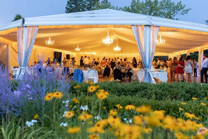 An outdoor wedding reception under a large white tent with chandeliers, guests socializing, and tables set with white tablecloths, surrounded by blooming yellow and purple flowers and greenery.