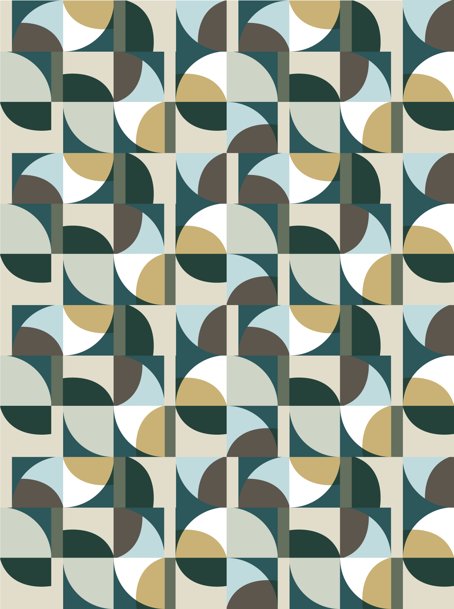 Motif géométrique abstrait avec des formes semi-circulaires et quadrilaterales en couleurs beiges, vertes, marron et bleu clair.