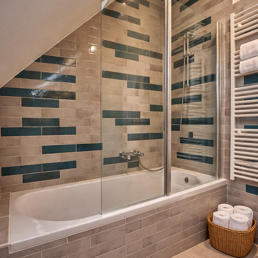 Salle de bain avec baignoire et cabine de douche du gîte « Les Campanes » à Vellereille-le-Sec (Estinnes, Belgique) est une fermette du XVIIIe siècle rénovée, offrant un séjour haut de gamme pour 8 personnes