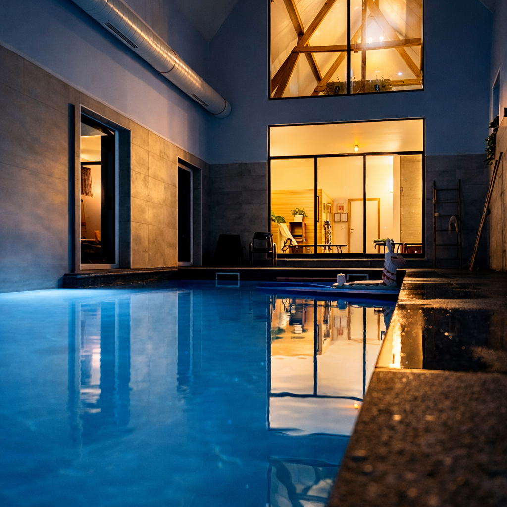 Piscine éclairée la nuit devant une maison moderne avec intérieur visible à travers de grandes fenêtres du gîte « Les Campanes » à Vellereille-le-Sec (Estinnes, Belgique) est une fermette du XVIIIe siècle rénovée, offrant un séjour haut de gamme pour