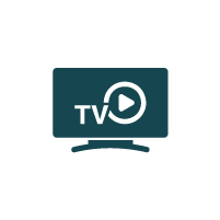 Logo de télévision avec le mot 'TV' et un symbole de lecture, sur fond blanc.