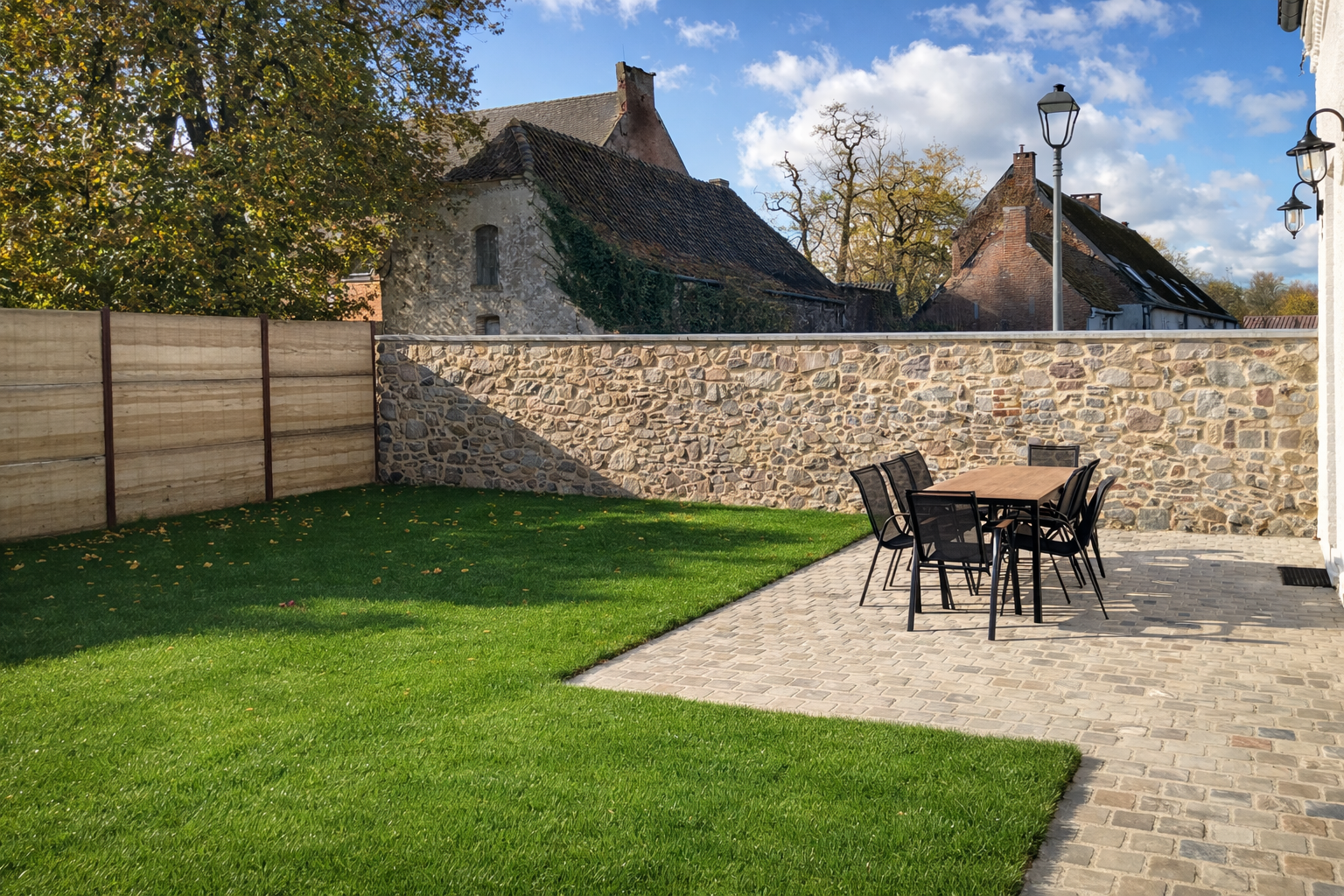 terrasse pavée, mobilier de jardin et mur en pierre du gîte « Les Campanes » à Vellereille-le-Sec (Estinnes, Belgique) est une fermette du XVIIIe siècle rénovée, offrant un séjour haut de gamme pour 8 personnes