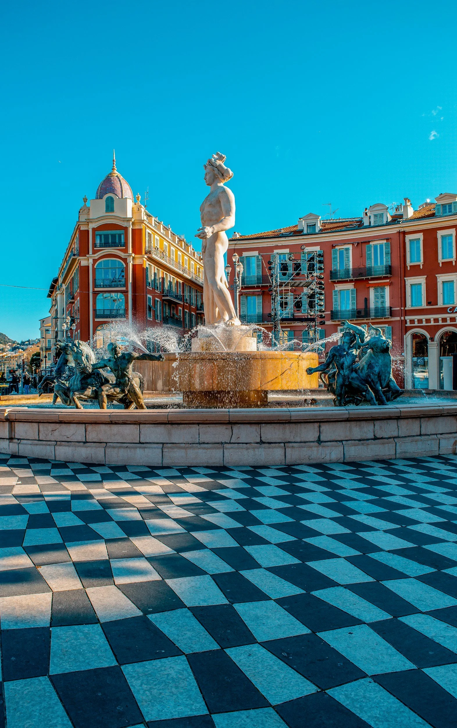 Fountain statue at Place Massena in Nice France French Riviera city landmark