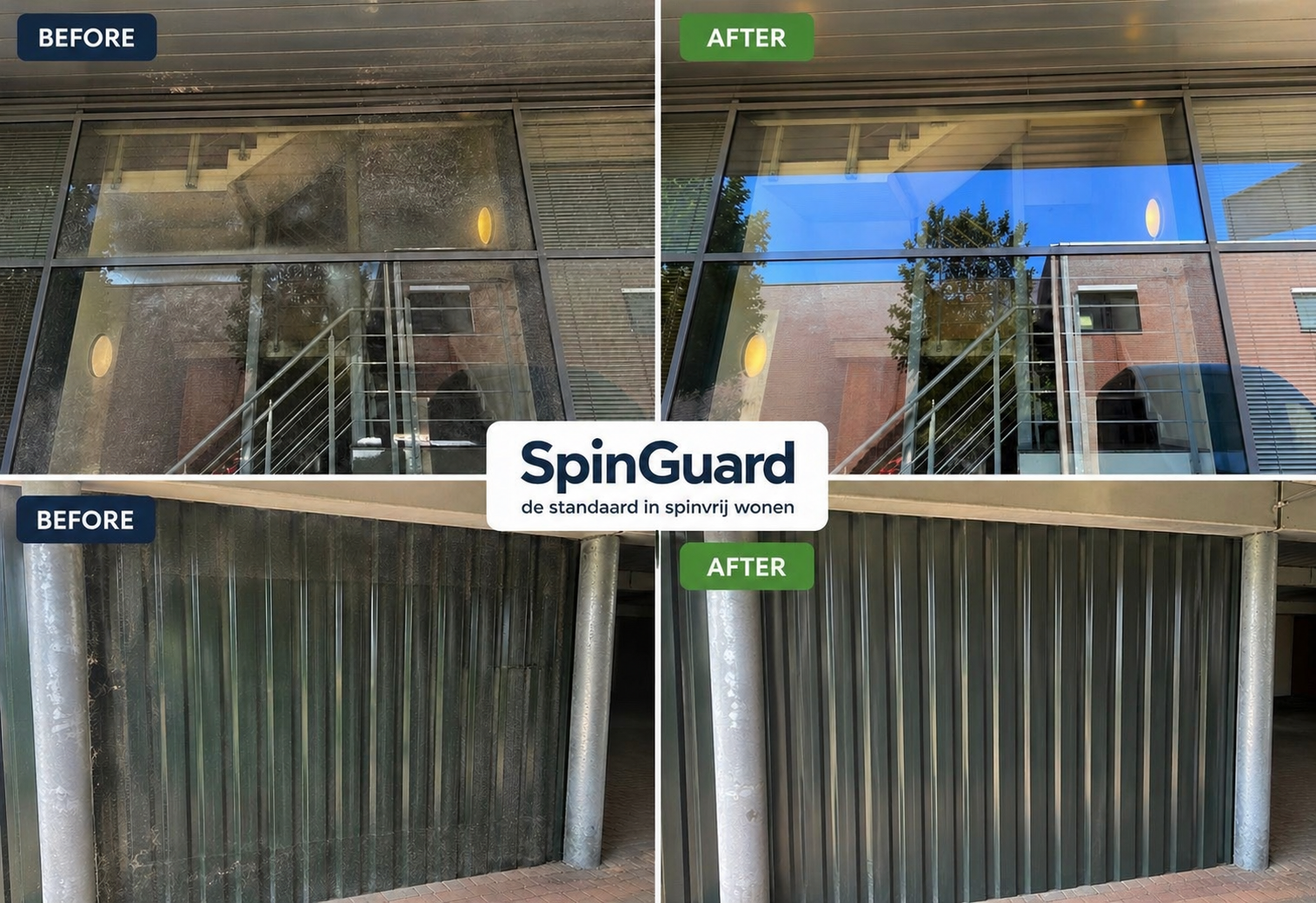 Vergelijking van een raam en een muur vóór en na het gebruik van SpinGuard, een product voor spinvrij wonen. Boven: eerst en daarna met optimaal glas; onder: eerst en daarna met een schone, gladde muur.
