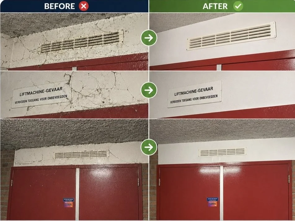 Voor en na beelden van een muur met een ventilatierooster. Voorbeeld toont een muur met scheuren en vervuiling, na het schoonmaken en herstellen is de muur netjes en het rooster schoon.