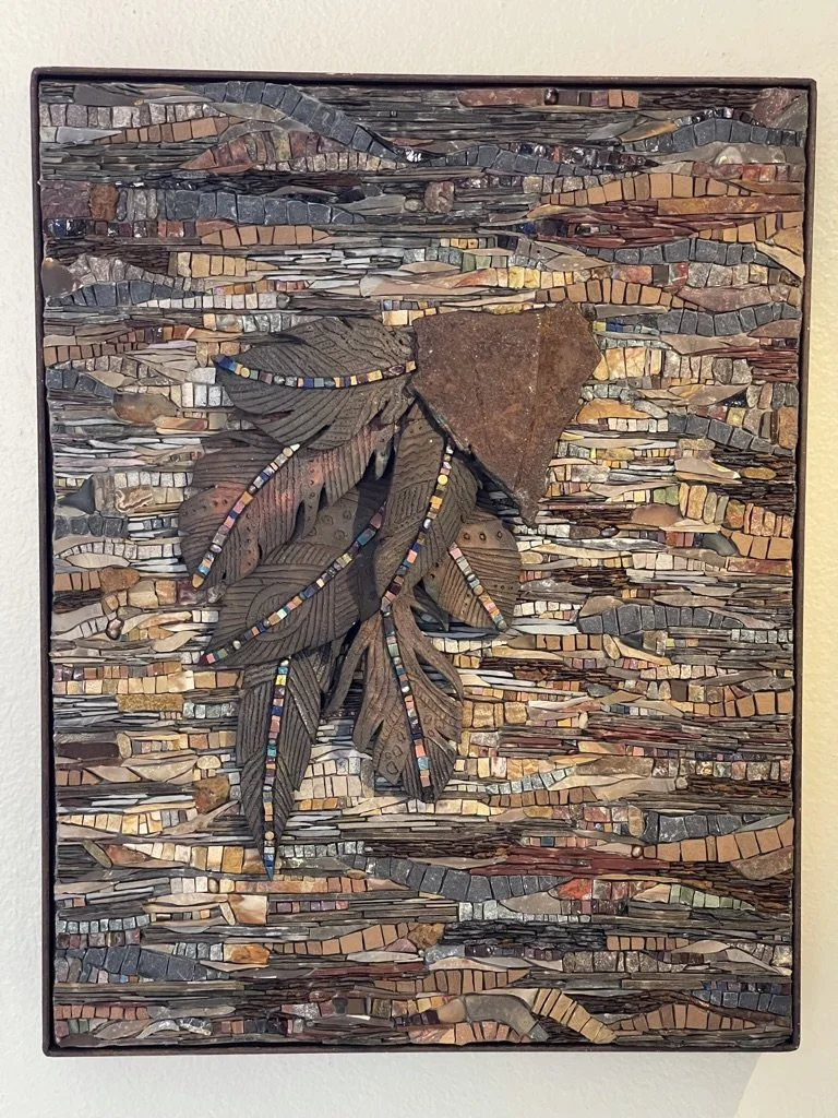 Hope.
2021.
Raku, metal, slate, smalti, stone, pearls.
18" x 14".