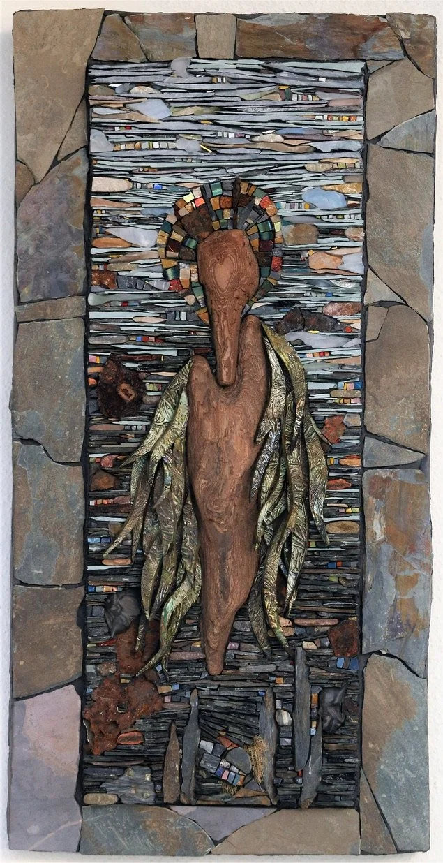 River Rise.
2018.
Slate, found objects, raku, river glass.
18" x 9".