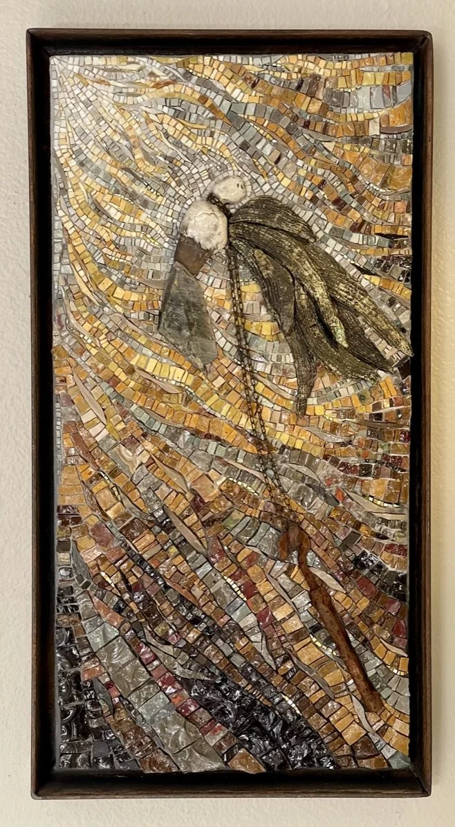 Tethered.
2019.
Smalti, raku, stone, rust.
21" x 11".