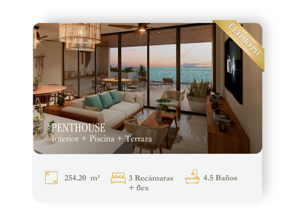 Interior de último penthouse con vista al mar, sala con sofá, mesas y decoración moderna, terraza con muebles y vista al océano al atardecer en Dunas Chuburná Yucatán México