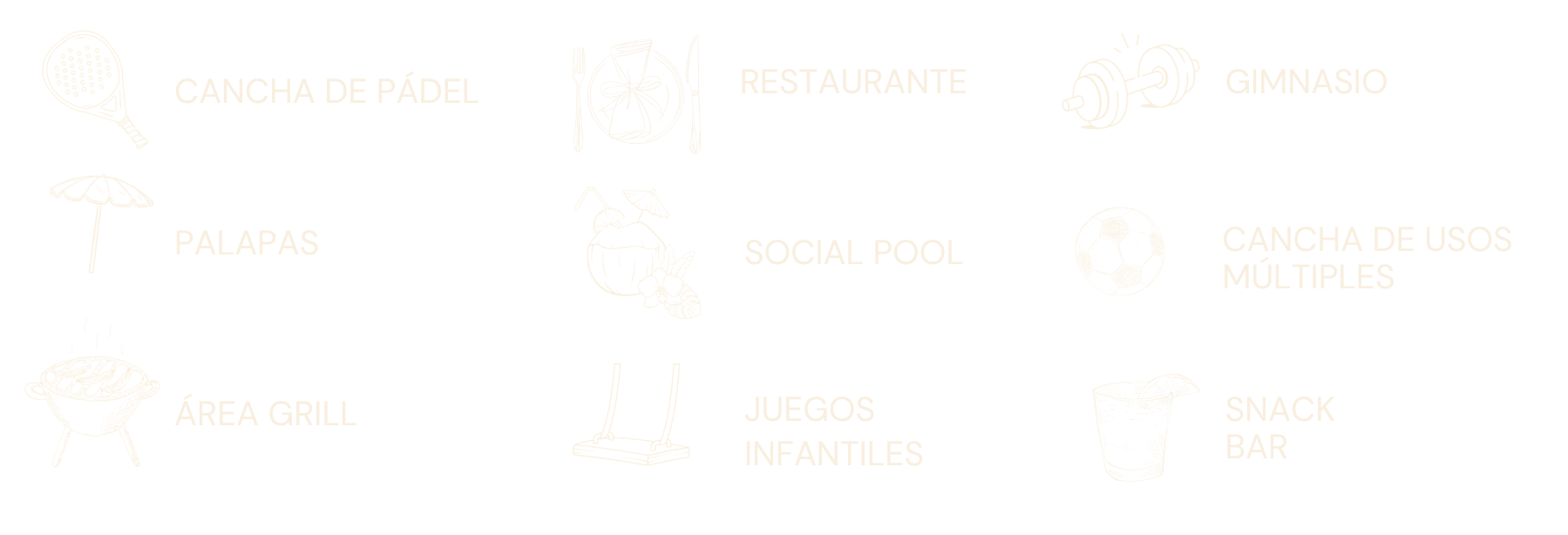Checklist de lugares y actividades recreativas: cancha de pádel, restaurante, gimnasio, palapas, social pool, cancha de usos múltiples, área grill, juegos infantiles, snack bar en Dunas Chuburná Yucatán México