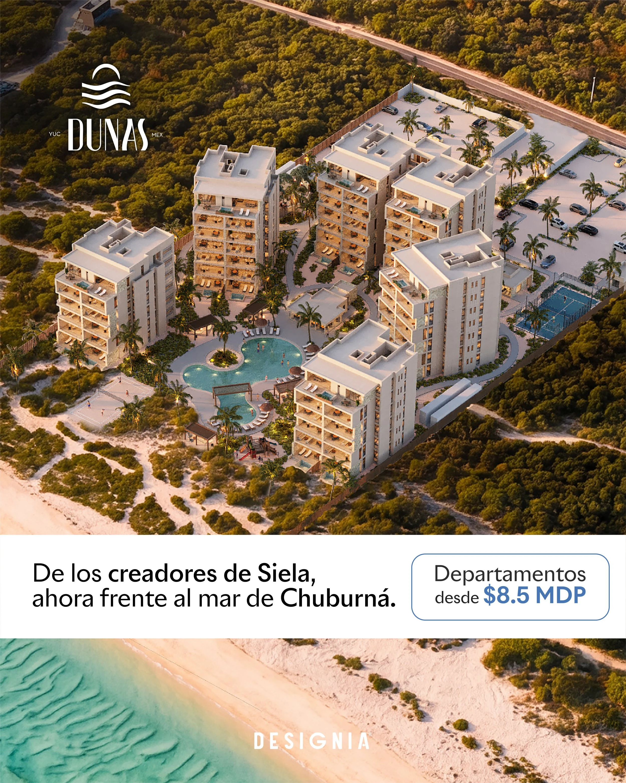 Vista aérea de edificios de apartamentos frente a la playa con piscinas y palmeras, rodeados de vegetación y caminos, en la zona llamada Dunas, Mérida Yucatán