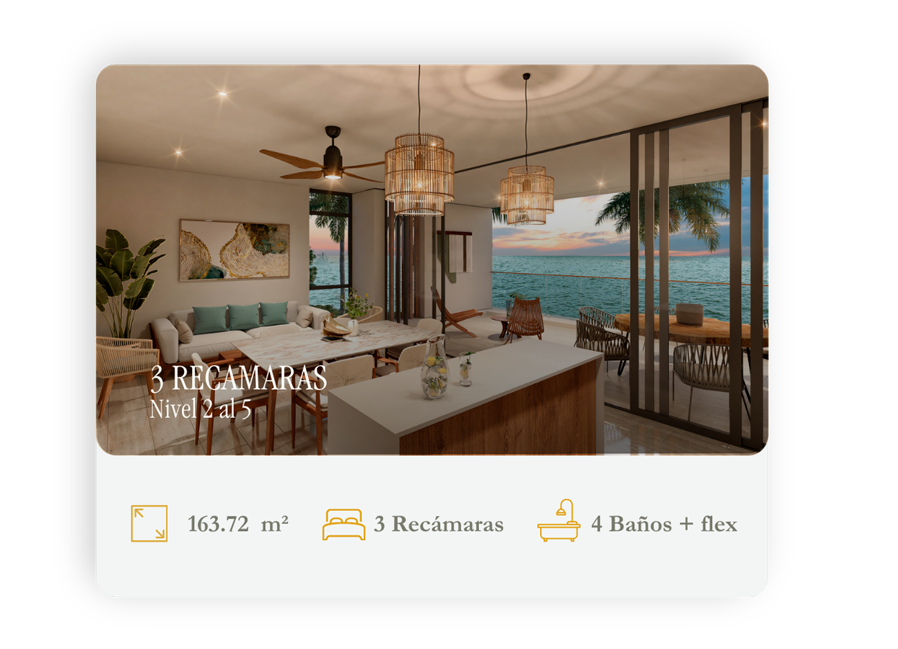 Interior de una sala con vista al mar, muebles de madera y plantas verdes, con información sobre un departamento de 3 recámaras y 4 baños plus, área de 163.72 m², en un diseño moderno y elegante, en Dunas Chuburná Yucatán México