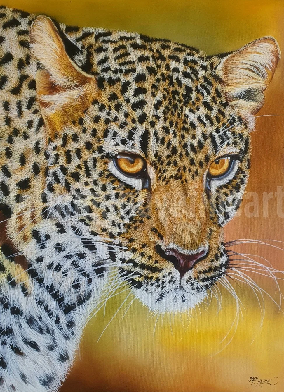 Silent Power, original realism leopard oil painting by Zimbabwean artist John Mahove, detailed wildlife portrait expressing strength and calm