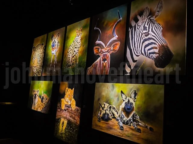 Wildlife oil paintings by Zimbabwean artist John Mahove displayed in private collection gallery, realism wildlife art collected worldwide. Blackhawk Museam USA