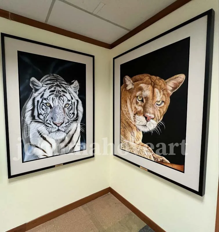 Wildlife oil paintings by Zimbabwean artist John Mahove displayed in private collection gallery, realism wildlife art collected worldwide. Malaysia
