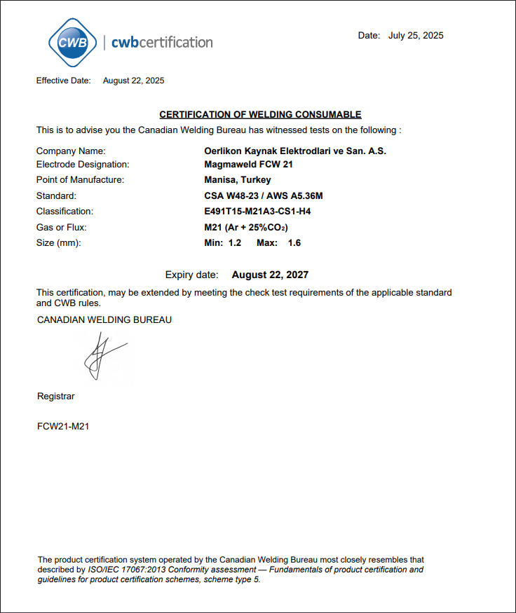 Certificate of welding consumable issued by CWB Certification, dated July 25, 2025, with details including company name, electrode designation, point of manufacture in Turkey, standard, classification, gas or flux type, size, expiry date, and signature.