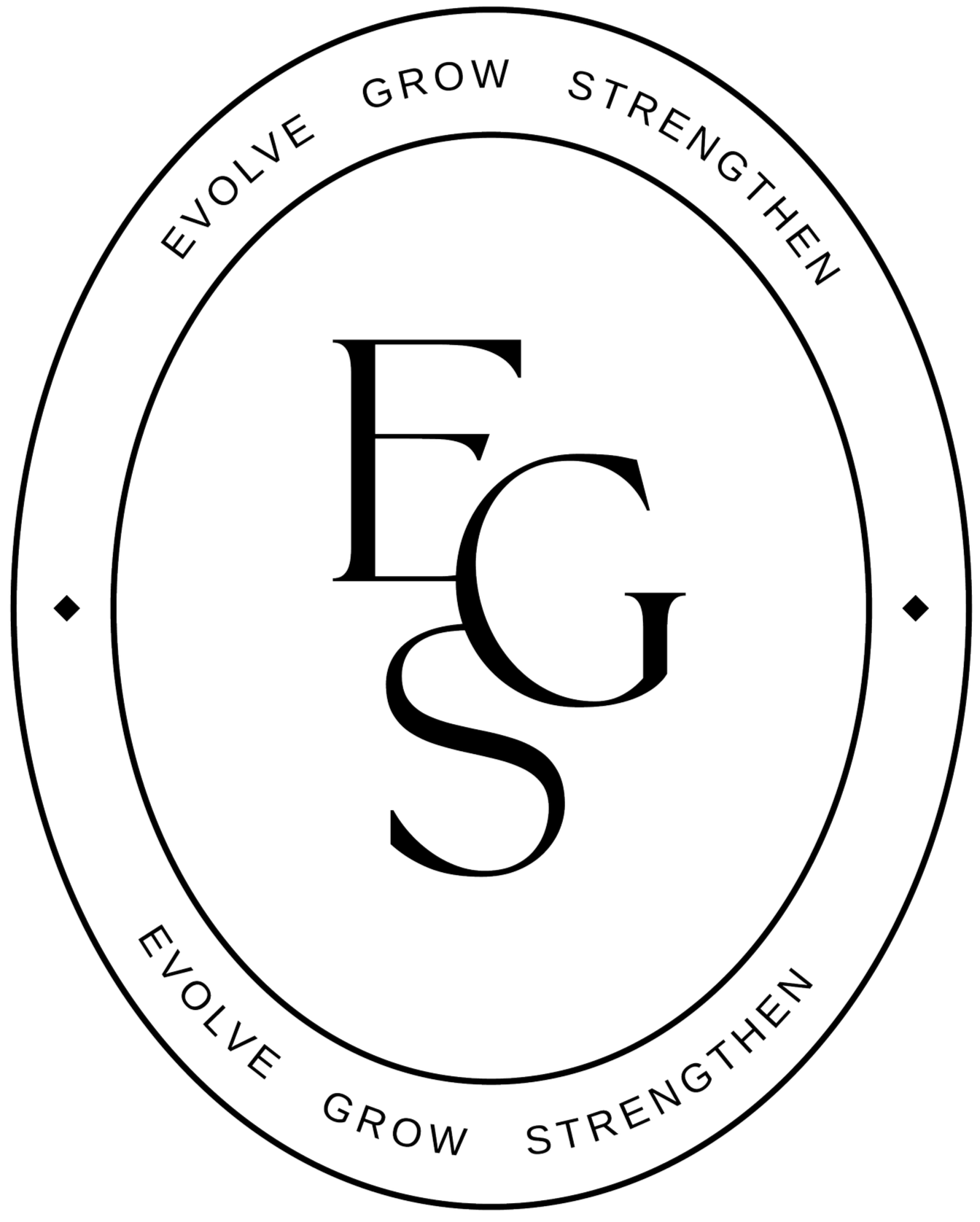 A black and white circular logo with the letters E G in the center. Around the edge, words read 'Evolve Grow Grow Strengthen' repeated twice.