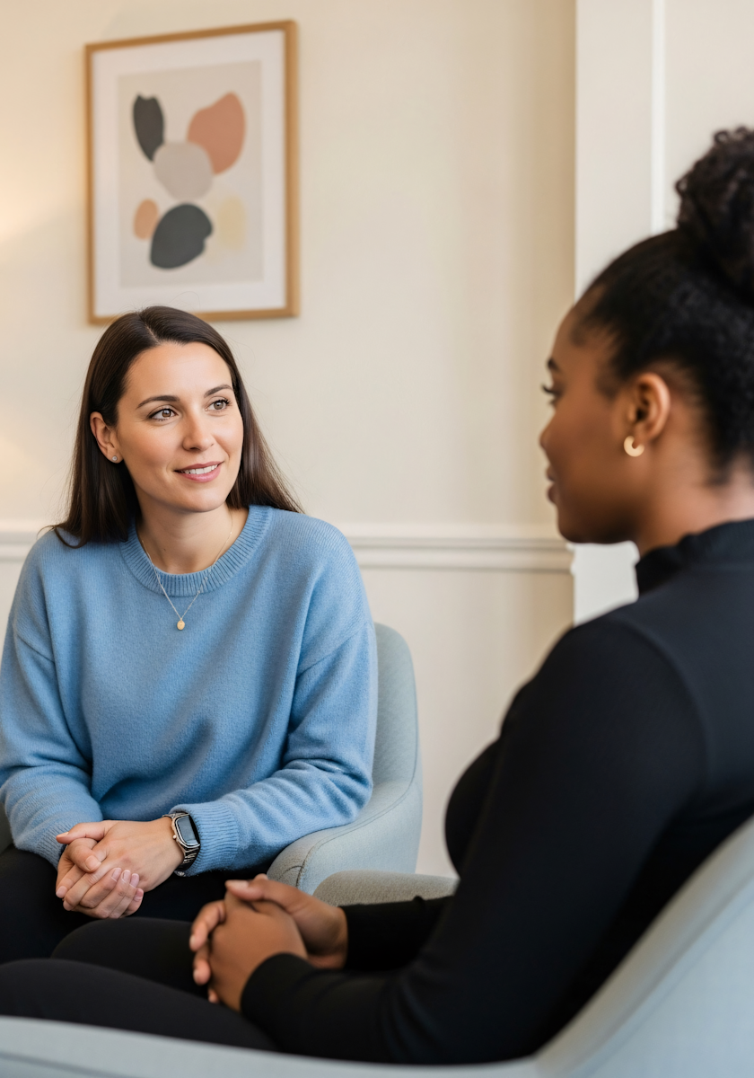 Two women are sitting and talking in a room, engaged in a conversation. The woman on the left has long brown hair, is smiling, and wearing a light blue sweater with a necklace. The woman on the right has her hair styled back, wearing a black top, and is listening attentively. There is a framed abstract art piece hanging on the off-white wall behind them.