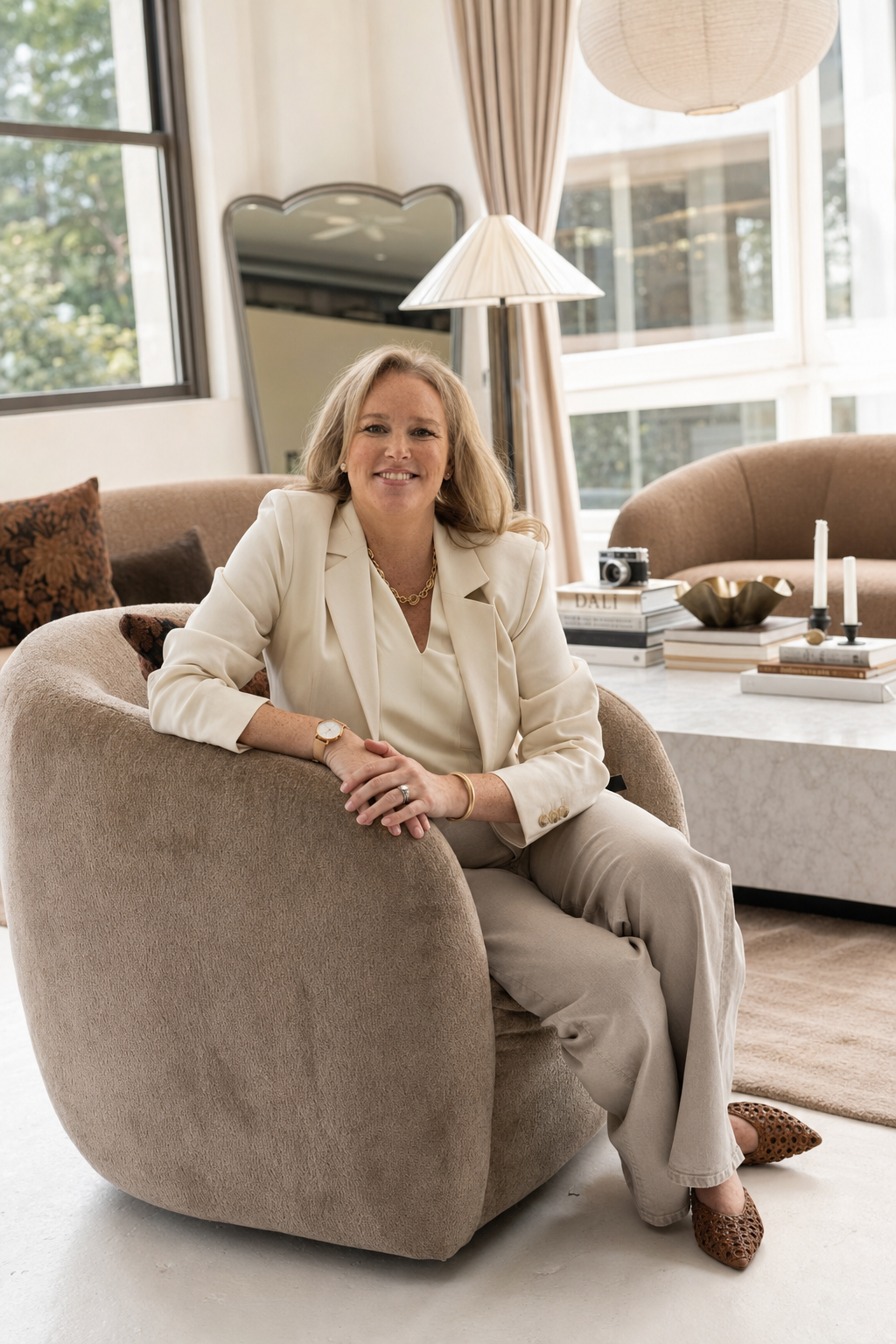 A smiling woman sitting on an beige armchair in a well-lit, cozy living room decorated with modern and vintage elements, including a coffee table with books, candles, and decorative items.