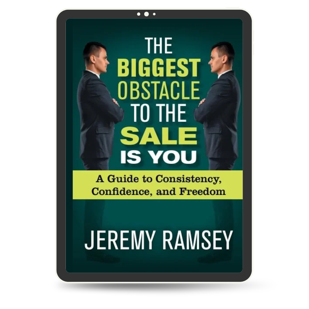 Book cover titled "The Biggest Obstacle to the Sale is You" by Jeremy Ramsey, featuring two men in suits facing each other with arms crossed.