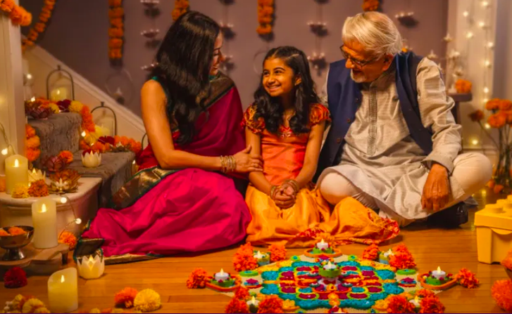 Family celebrating Diwali, sitting on the floor with a colorful rangoli and lit candles around them.