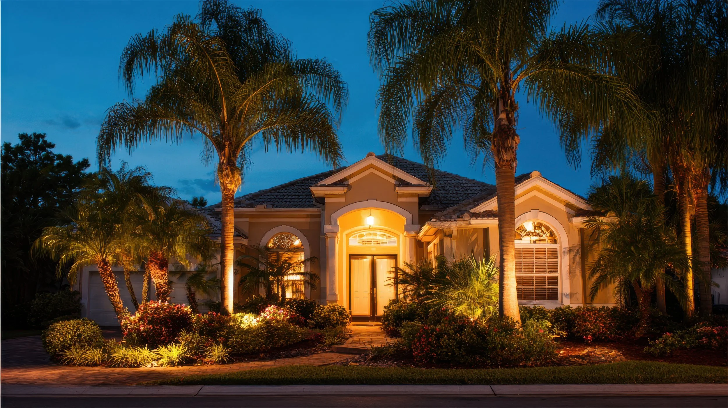 A house illuminated at dusk with palm trees and landscaped garden in front.