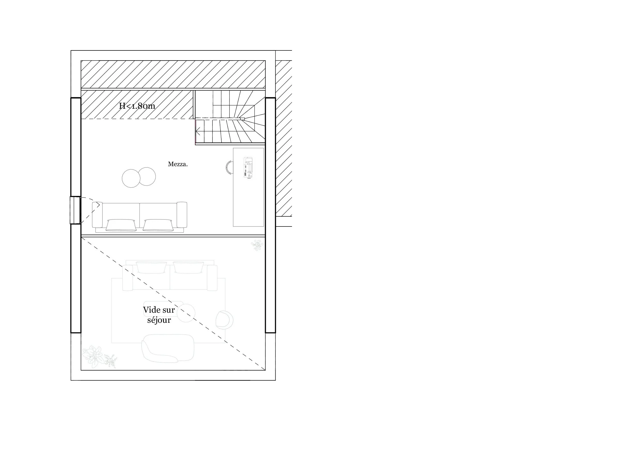 Plan architectural d'un espace intérieur avec des zones de mezzanine, un espace de vie et un escalier, avec des indications en français sur la hauteur sous plafond et la vue sur le séjour.