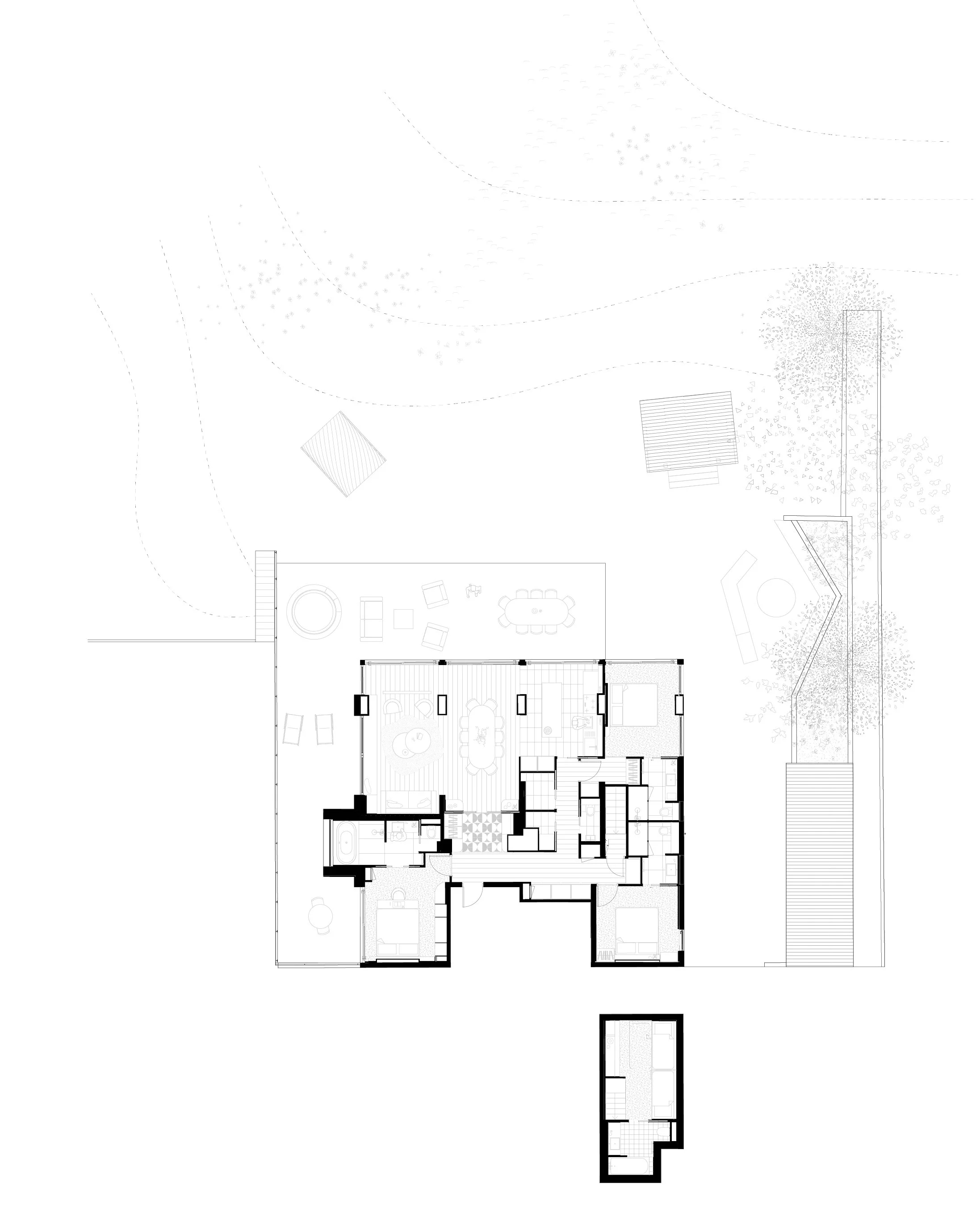 Plan architectural détaillé d'une maison avec plusieurs pièces, espaces extérieurs, notamment un jardin avec une terrasse, une piscine, des arbres, des meubles et des éléments de paysage.
