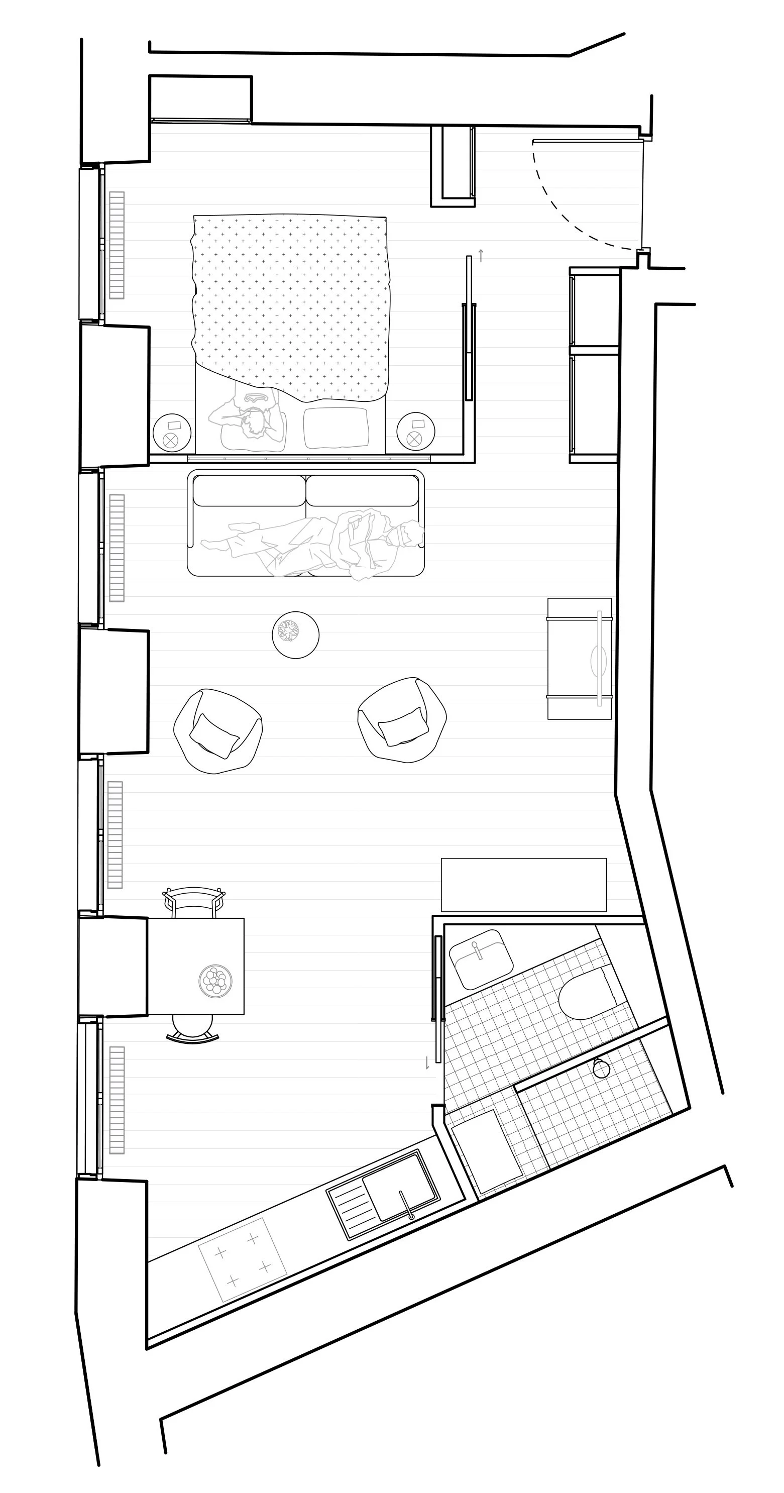 Plan d'un appartement avec chambre, salon, salle à manger, cuisine, et salle de bain.