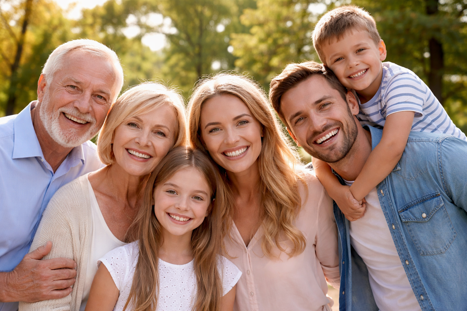 A smiling multigenerational family of seven posing outdoors on a sunny day with trees in the background.