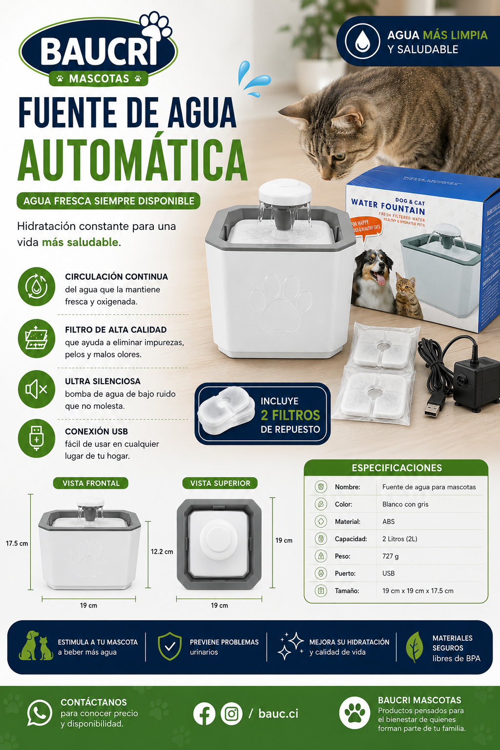 Fuente de agua BAUCRI BLANCO Mascotas 2L