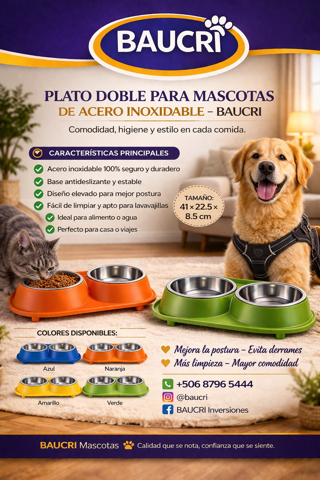 Plato Doble para Mascotas de Acero Inoxidable BAUCRI