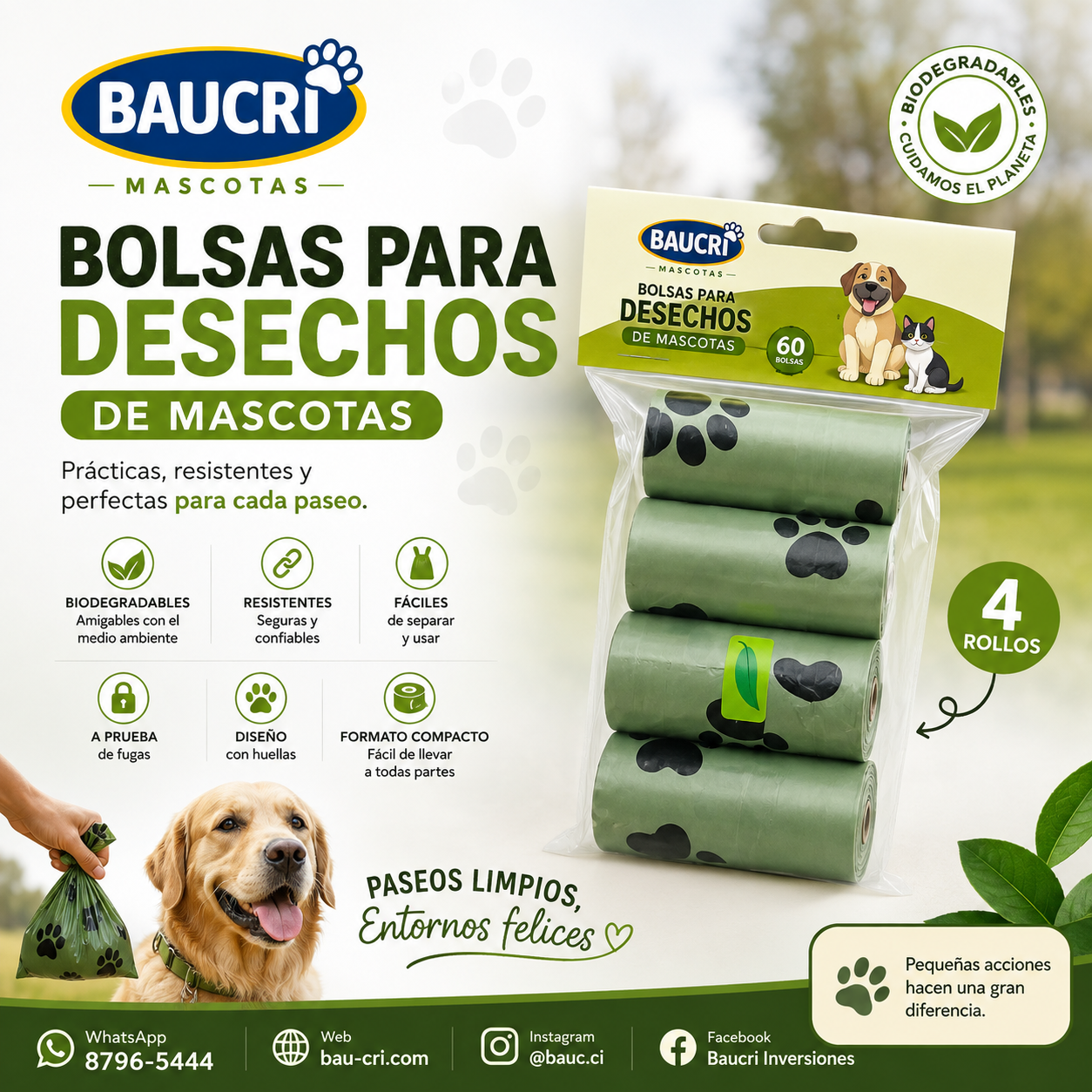 Bolsas Biodegradables para Desechos de Mascotas BAUCRI