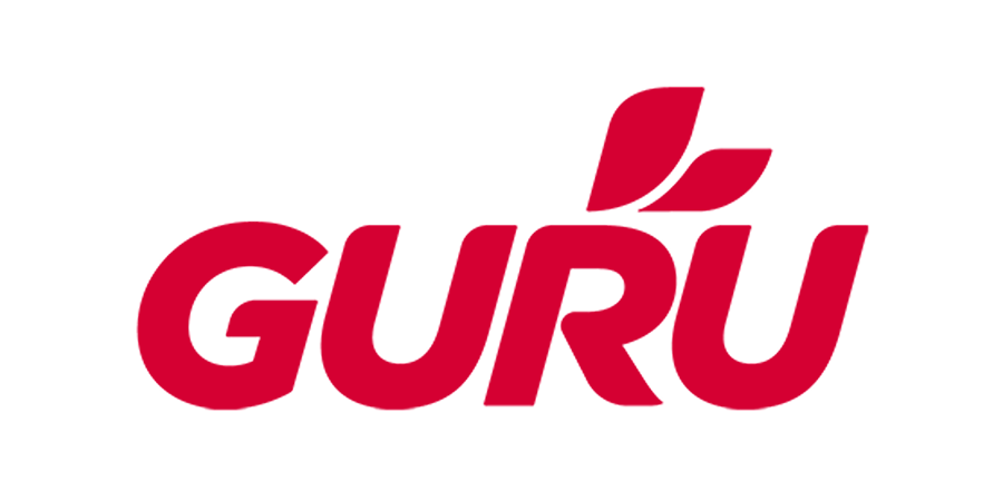 Logo de la marque GURU écrit en rouge avec une feuille stylisée rouge au-dessus du 'U'.