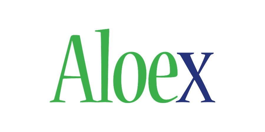 Mot écrit 'Aloex' en lettres vertes et bleues sur fond noir.